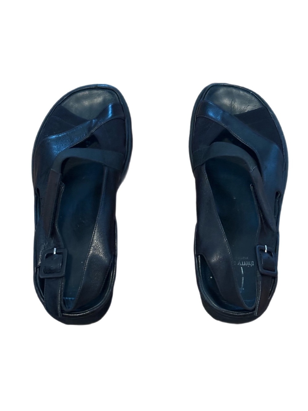 Thierry Rabotin Black Leather & Elastic Cross-Strap Sandals 8.5-9 Read Below